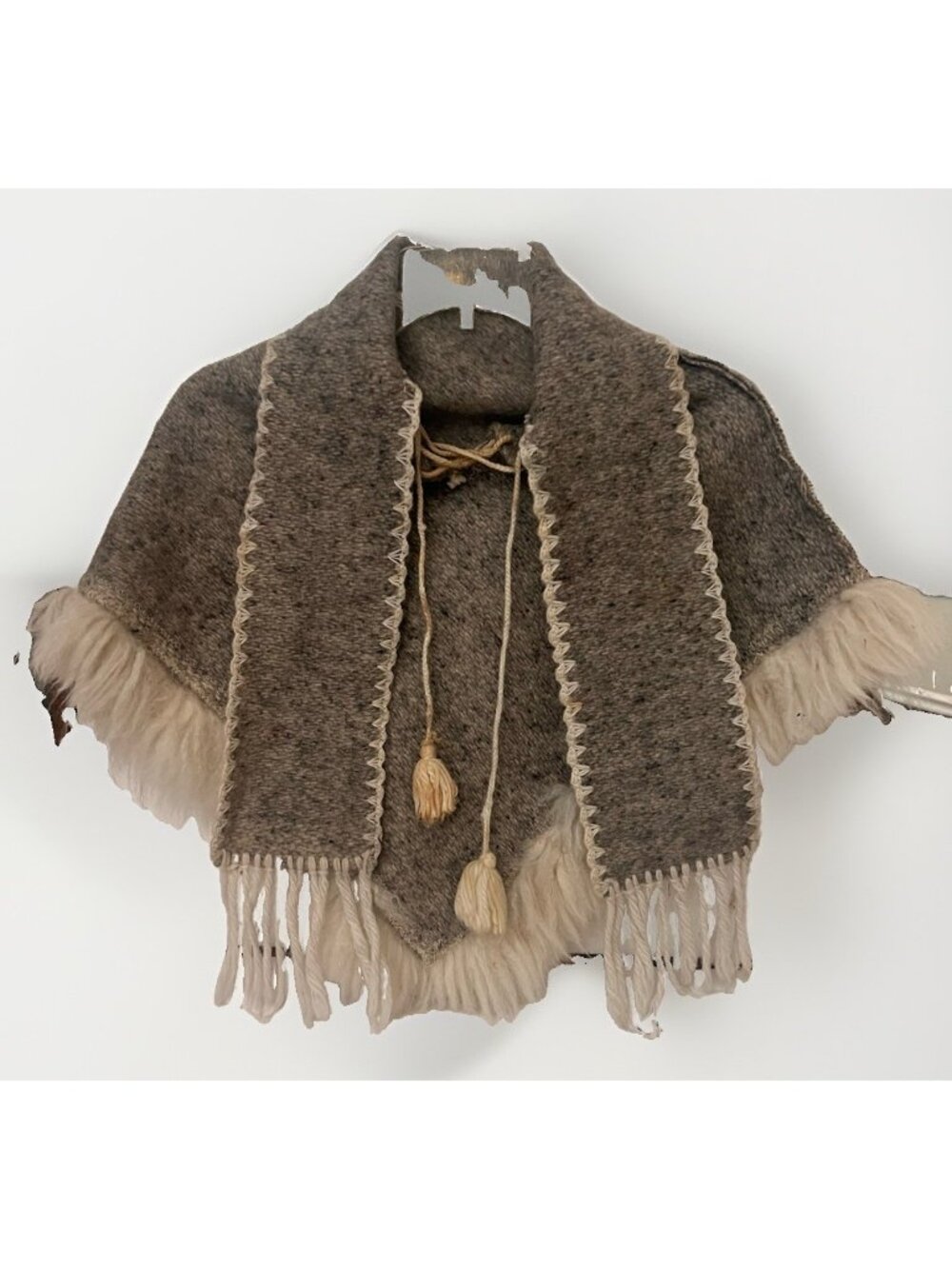 Vintage Child's Kids Handmade Grey Wool Poncho Cape Shawl South American Small